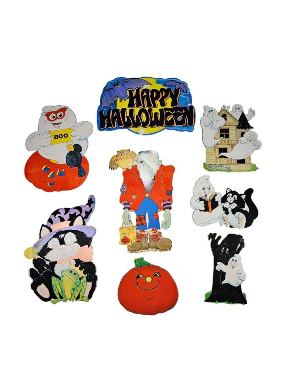 Lot of 8 Vintage Halloween Die Cut Felted Cut-Out Decorations Cats Frankenstein